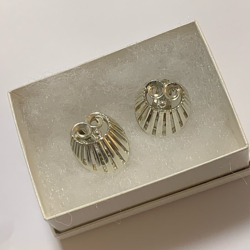 Vintage Signed CHAREL Silver Ton Fan Clip-On Earrings